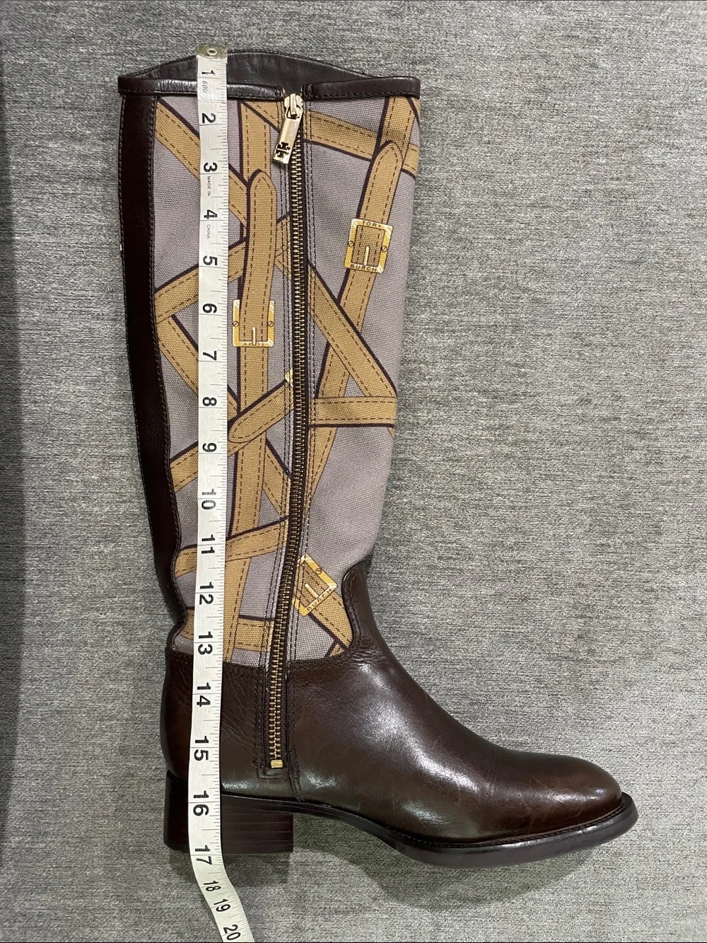 Tory Burch FELIX Riding Boots Brown Leather Equestrian Print Fabric Zip Size 5